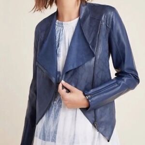 Anthropologie Blank NYC Faux Leather Navy Animal Print Jacket Size XS